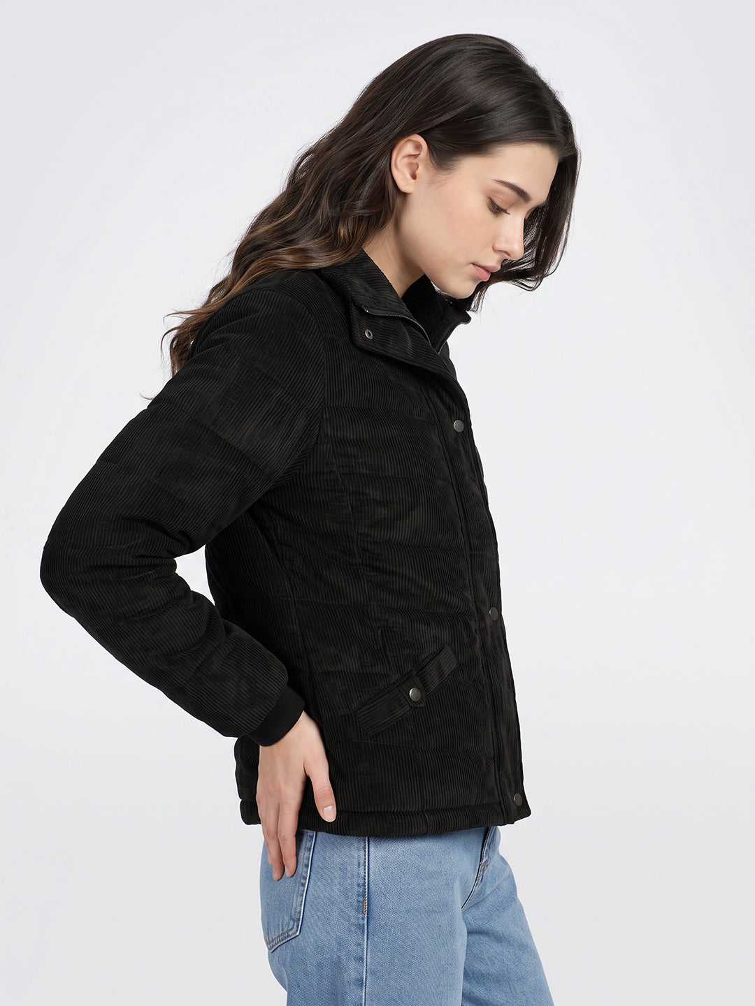 Women Black Self Design Stand Collar Full Sleeve Puffer Jacket