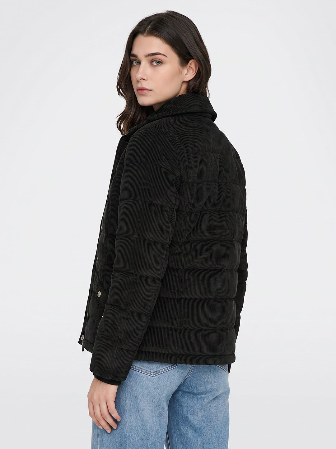 Women Black Self Design Stand Collar Full Sleeve Puffer Jacket