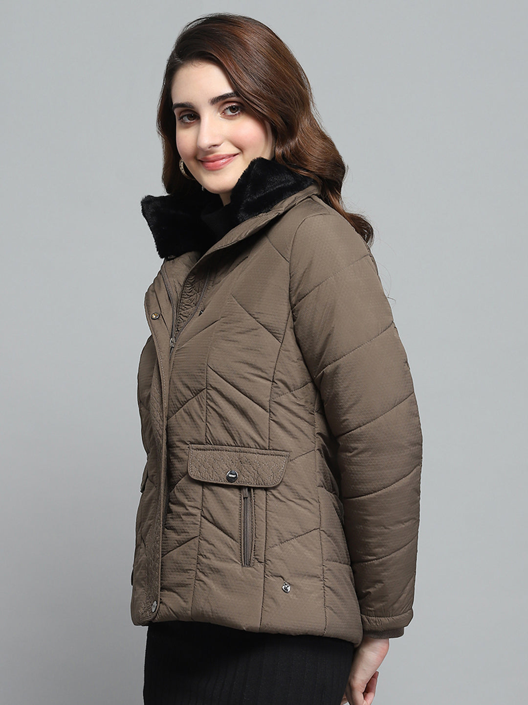 Women Brown Self Design Collar Full Sleeve Jacket