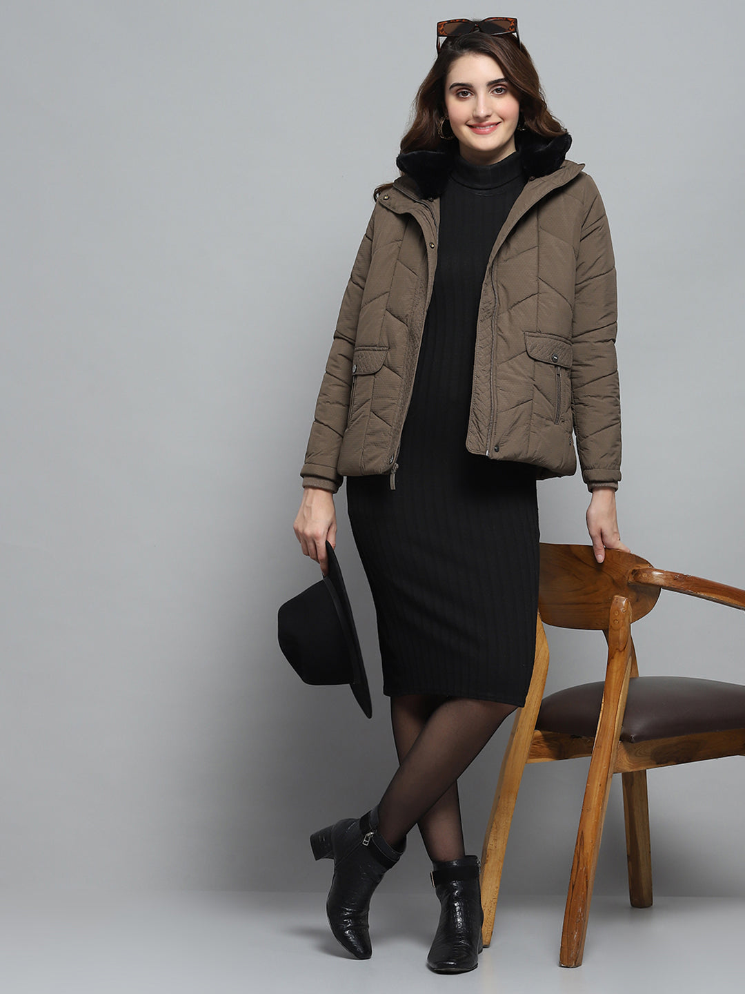 Women Brown Self Design Collar Full Sleeve Jacket