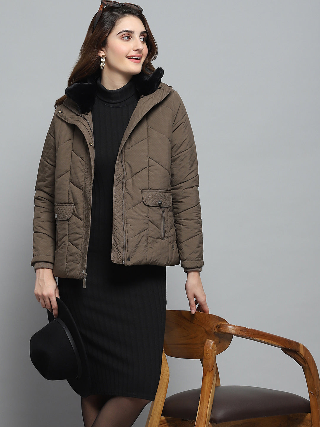 Women Brown Self Design Collar Full Sleeve Jacket