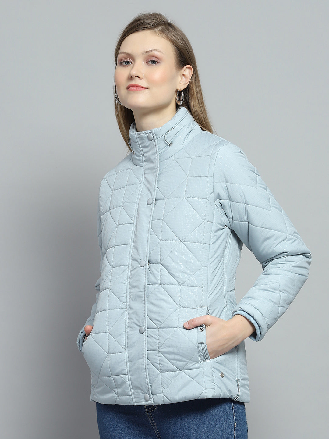 Women Blue Self Design Mock Neck Full Sleeve Jacket