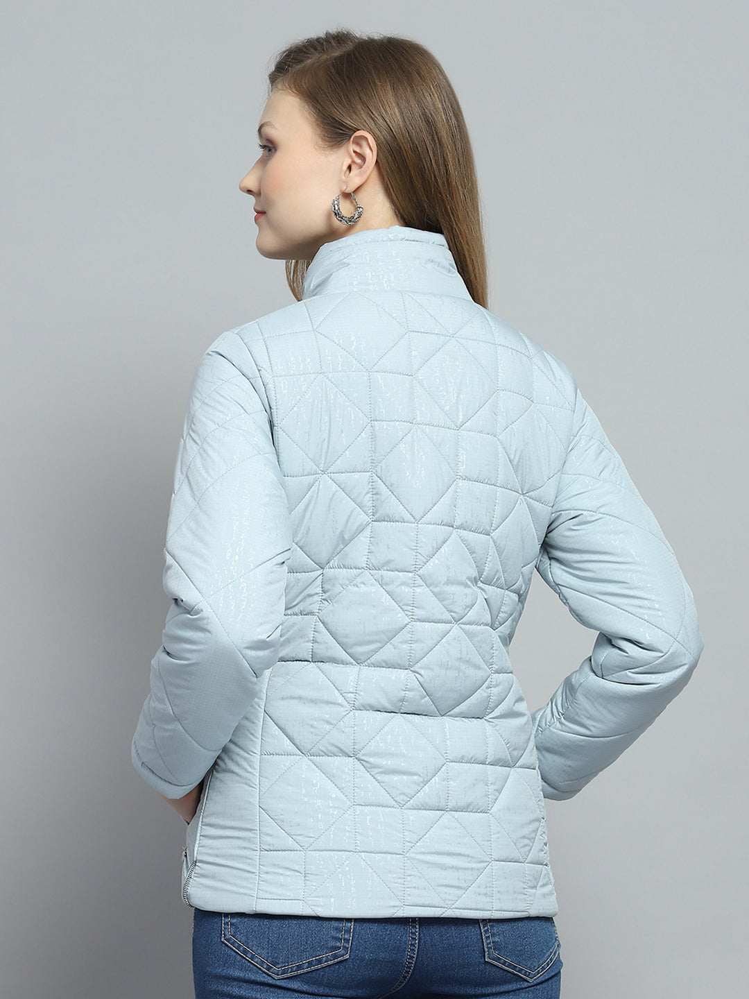 Women Blue Self Design Mock Neck Full Sleeve Jacket