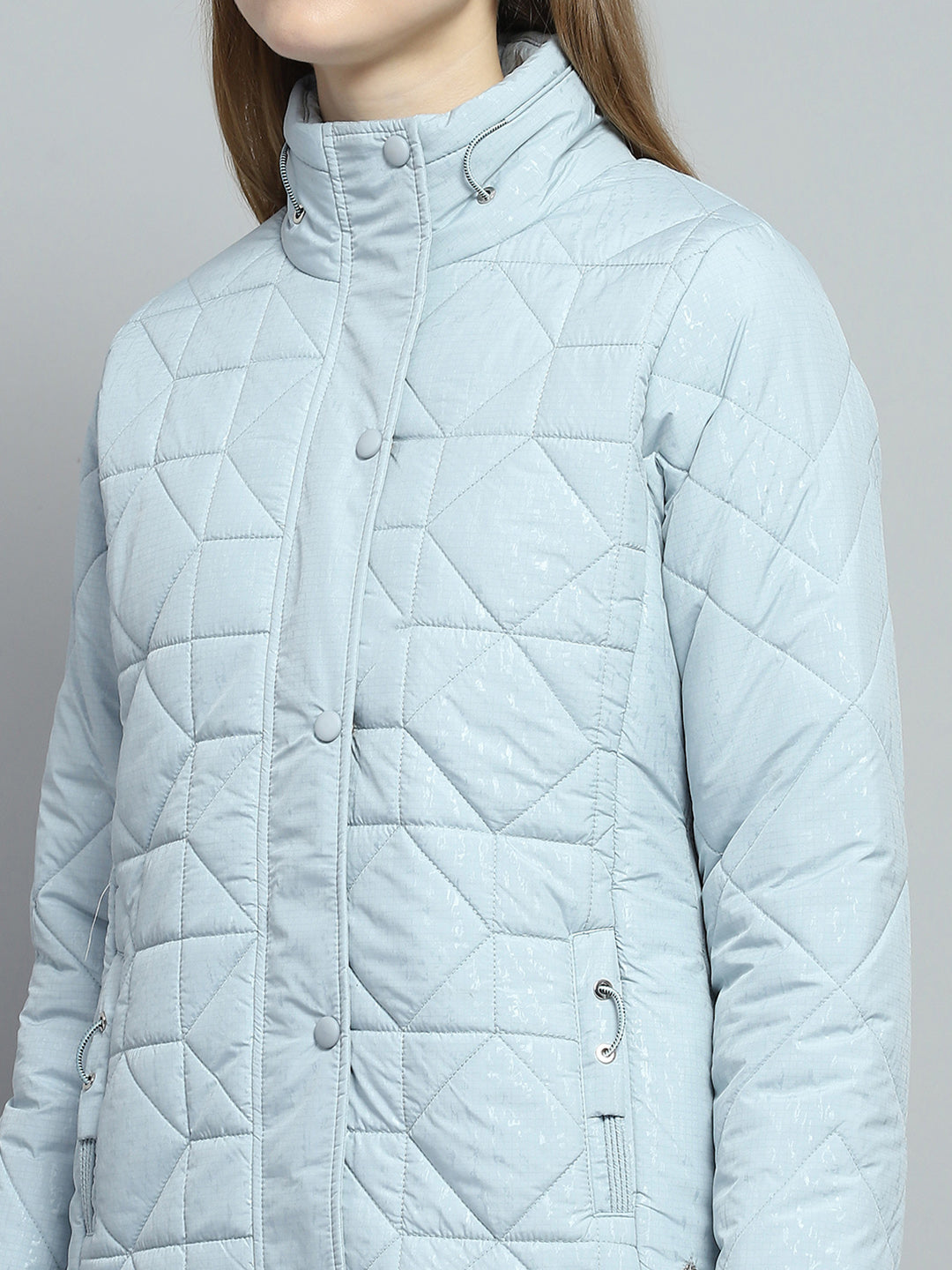 Women Blue Self Design Mock Neck Full Sleeve Jacket