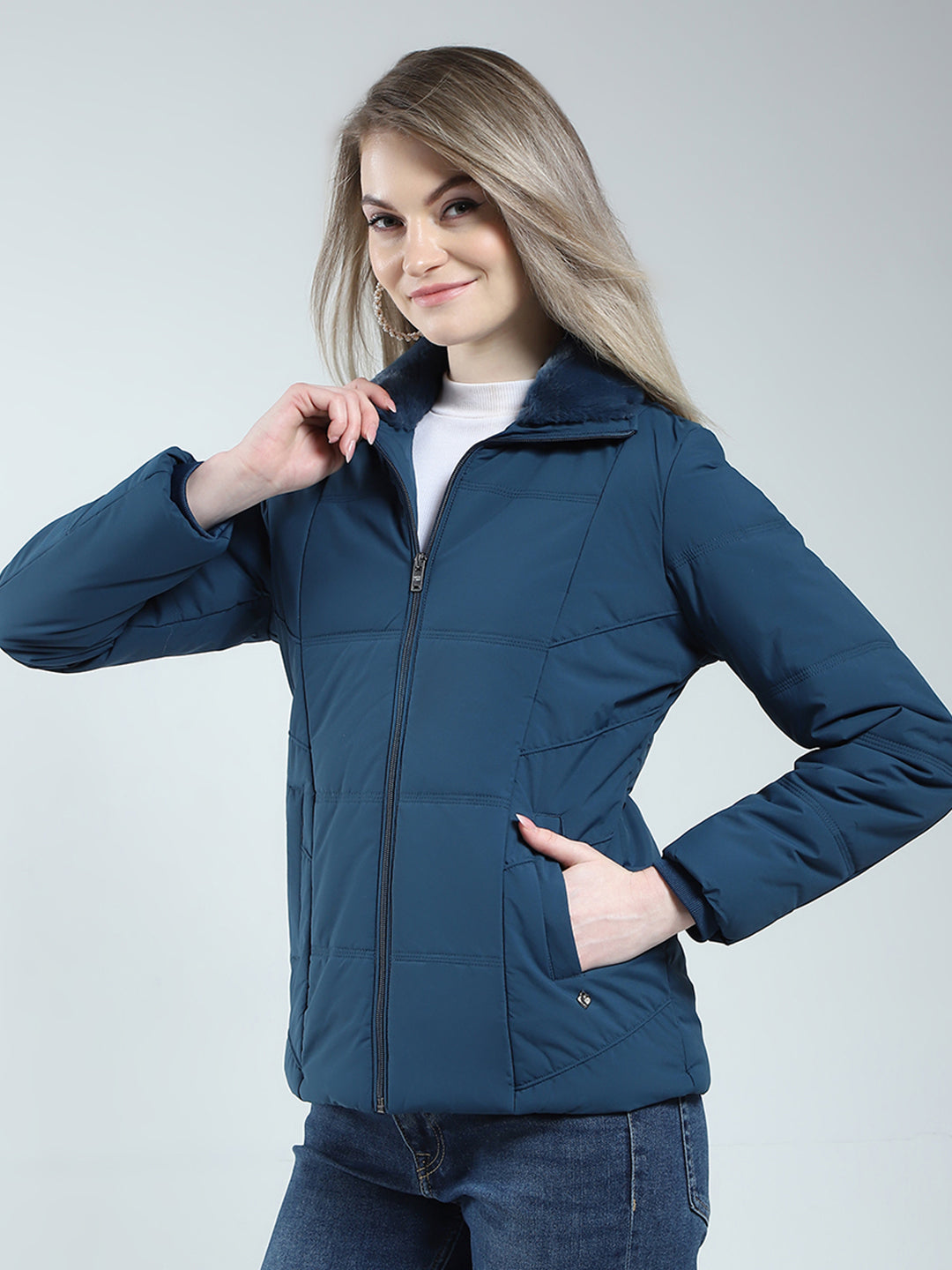 Women Teal Blue Solid Collar Full Sleeve Jacket