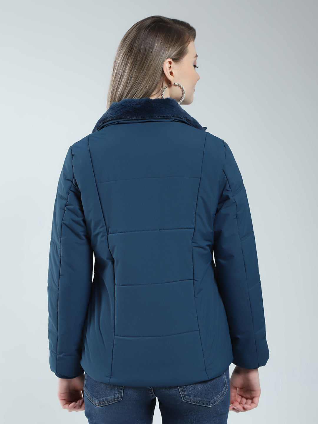 Women Teal Blue Solid Collar Full Sleeve Jacket