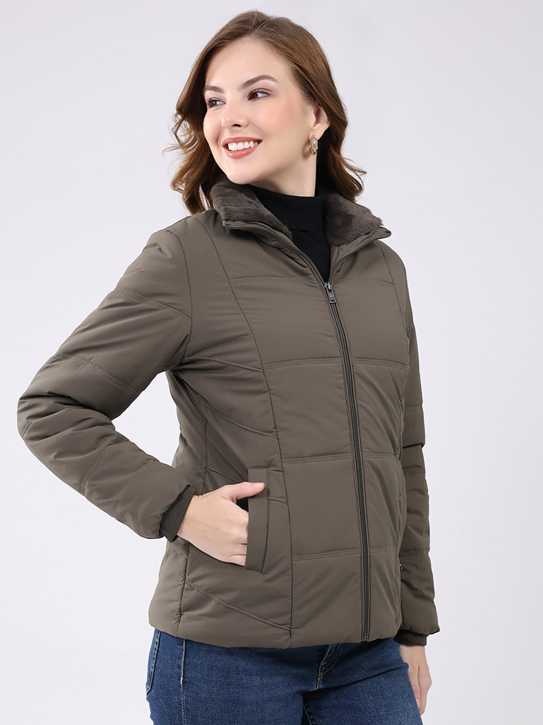 Women Grey Solid Collar Full Sleeve Jacket