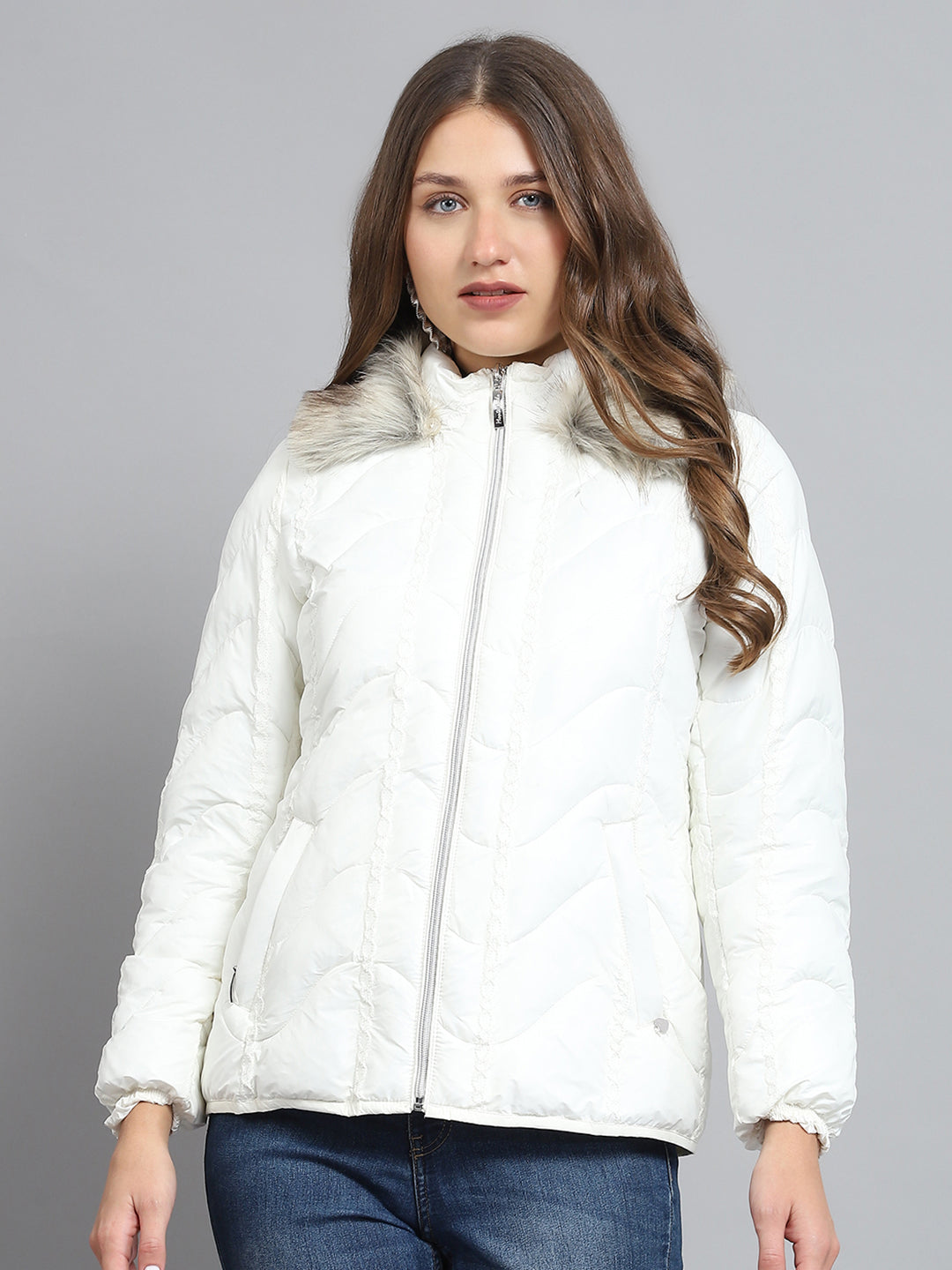 Women Off White Self Design Collar Full Sleeve Jacket