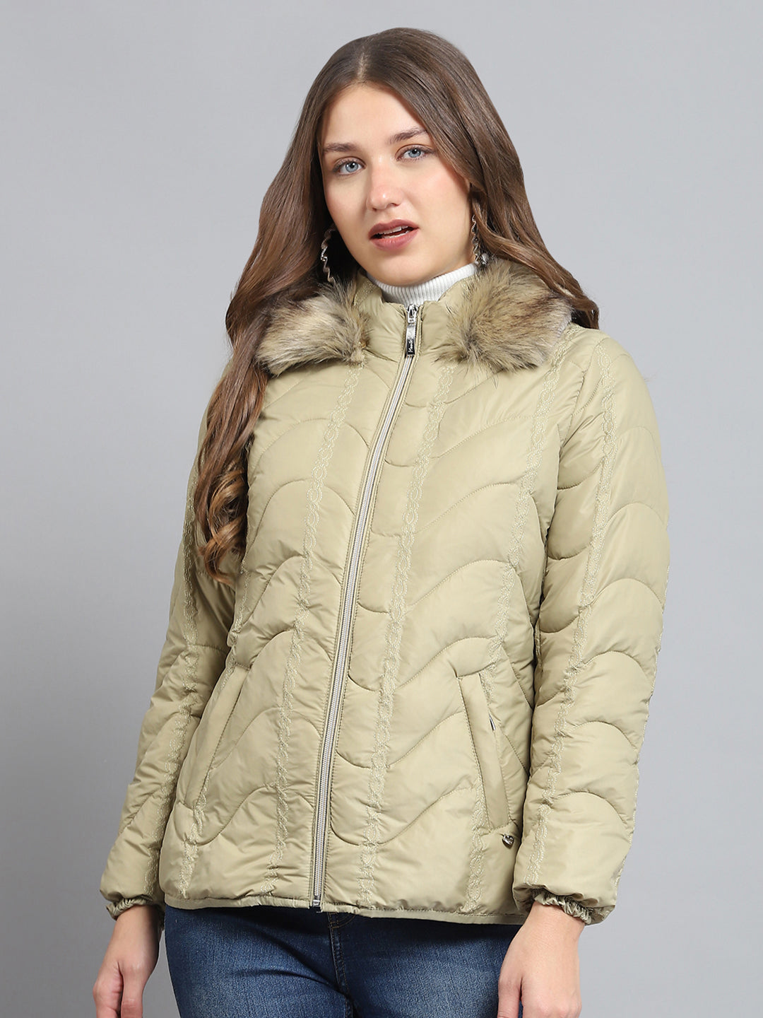 Women Camel Brown Self Design Collar Full Sleeve Jacket