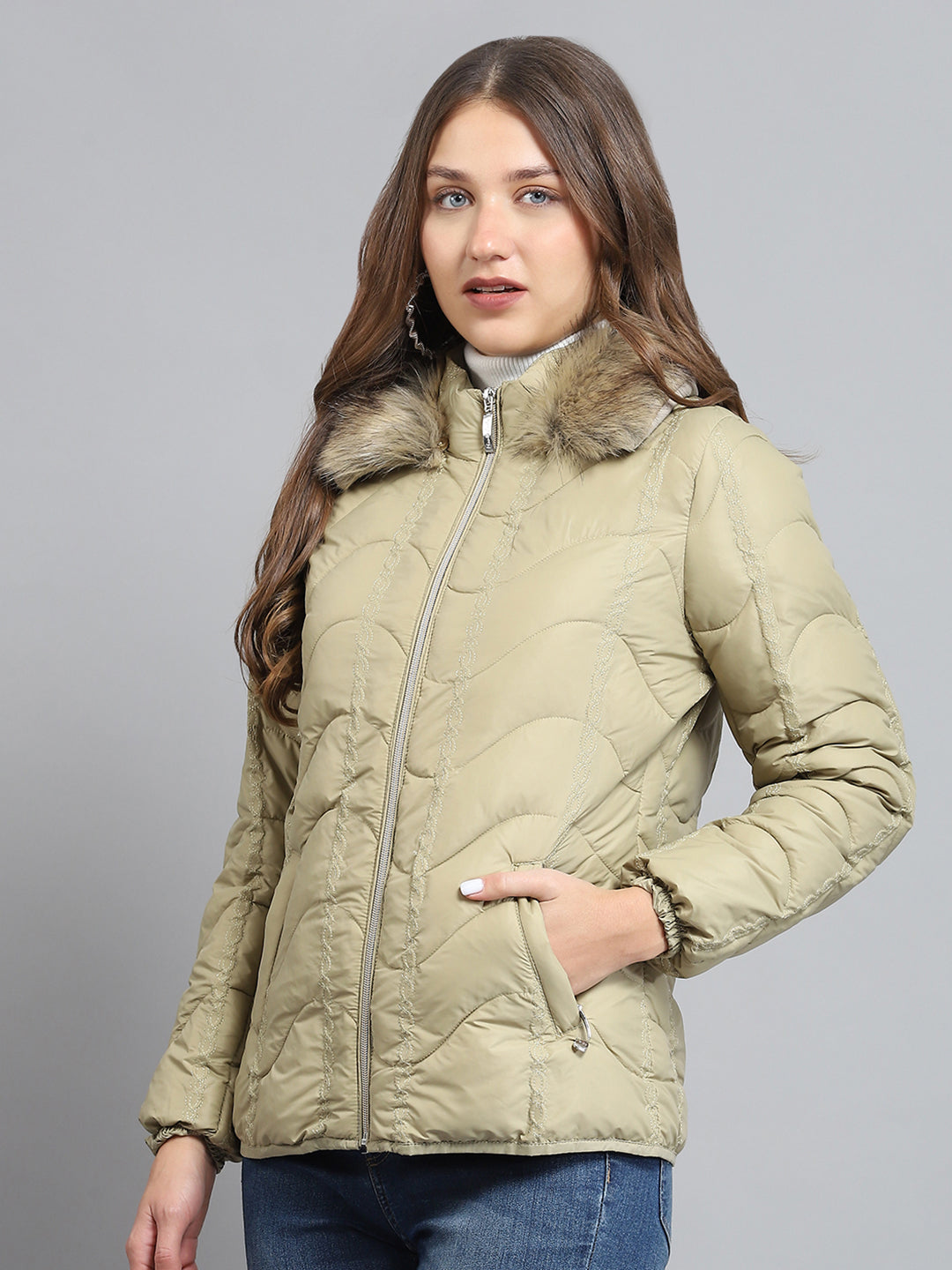 Women Camel Brown Self Design Collar Full Sleeve Jacket