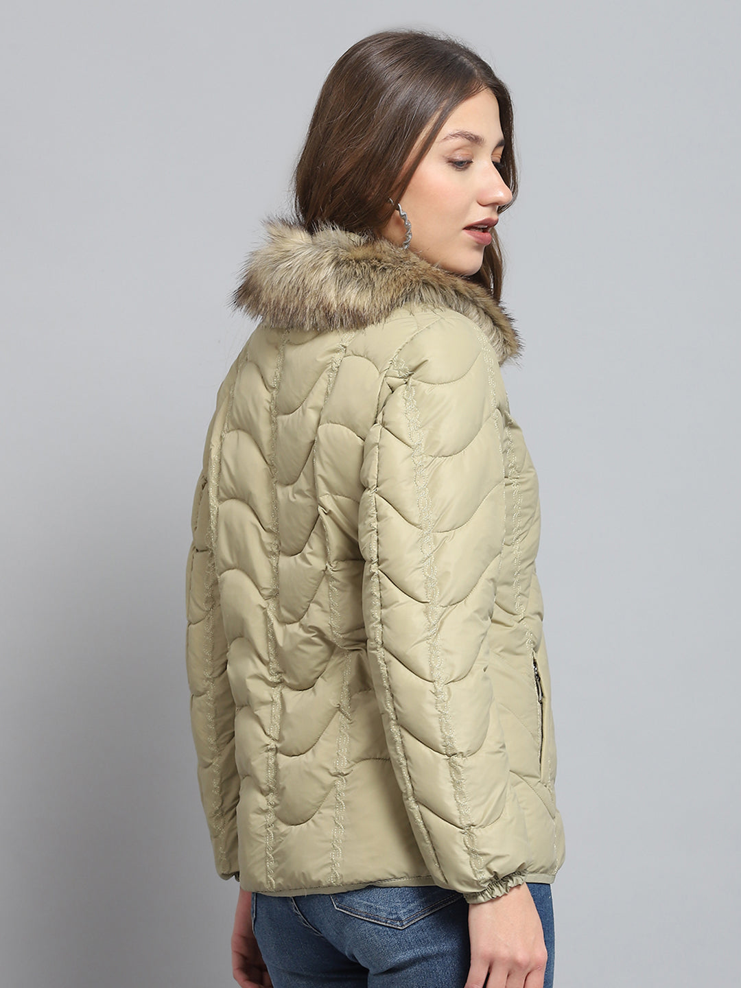 Women Camel Brown Self Design Collar Full Sleeve Jacket