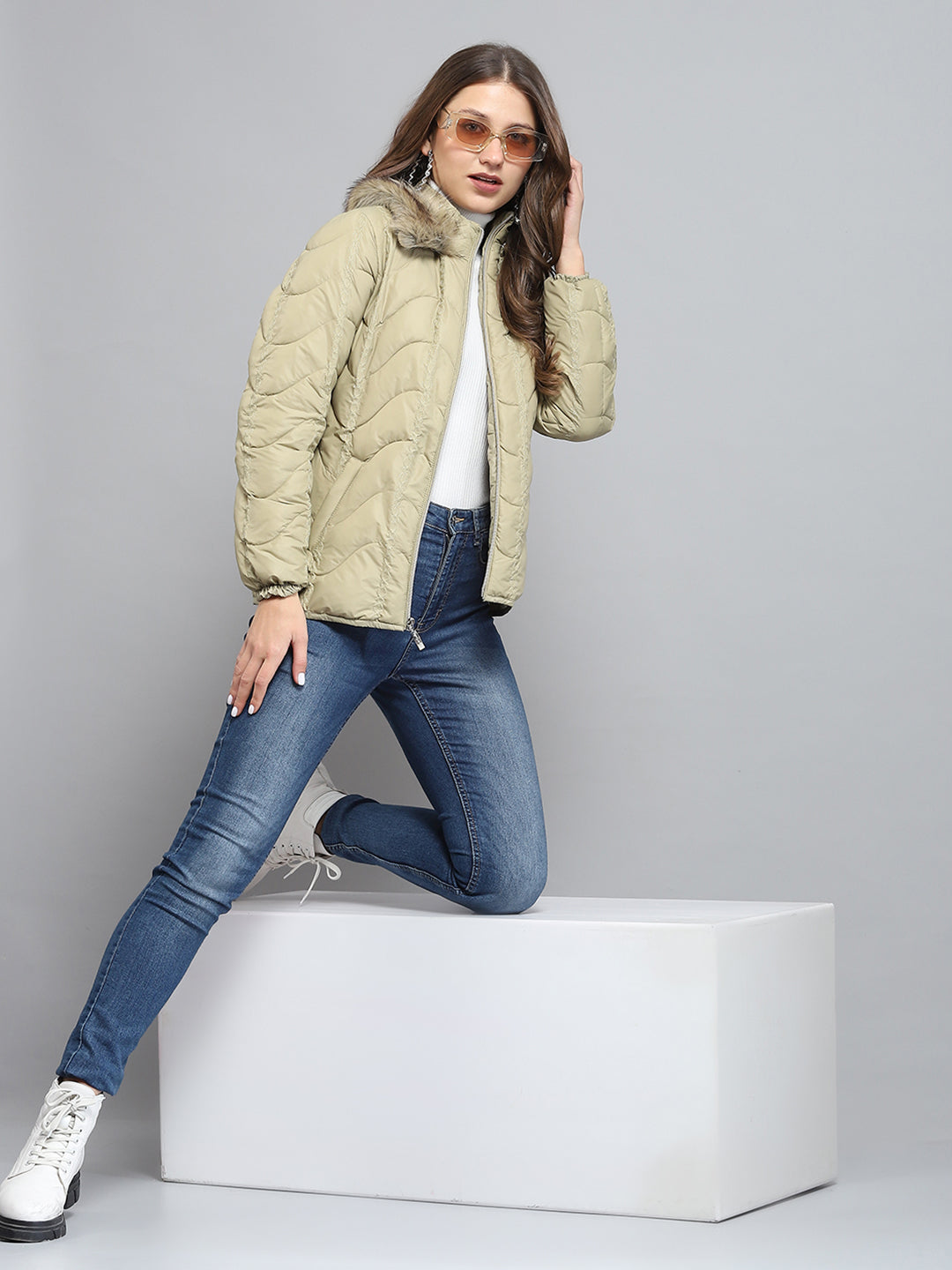 Women Camel Brown Self Design Collar Full Sleeve Jacket