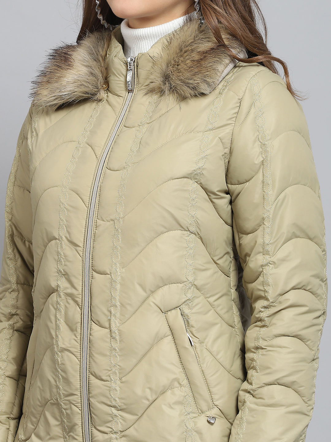 Women Camel Brown Self Design Collar Full Sleeve Jacket