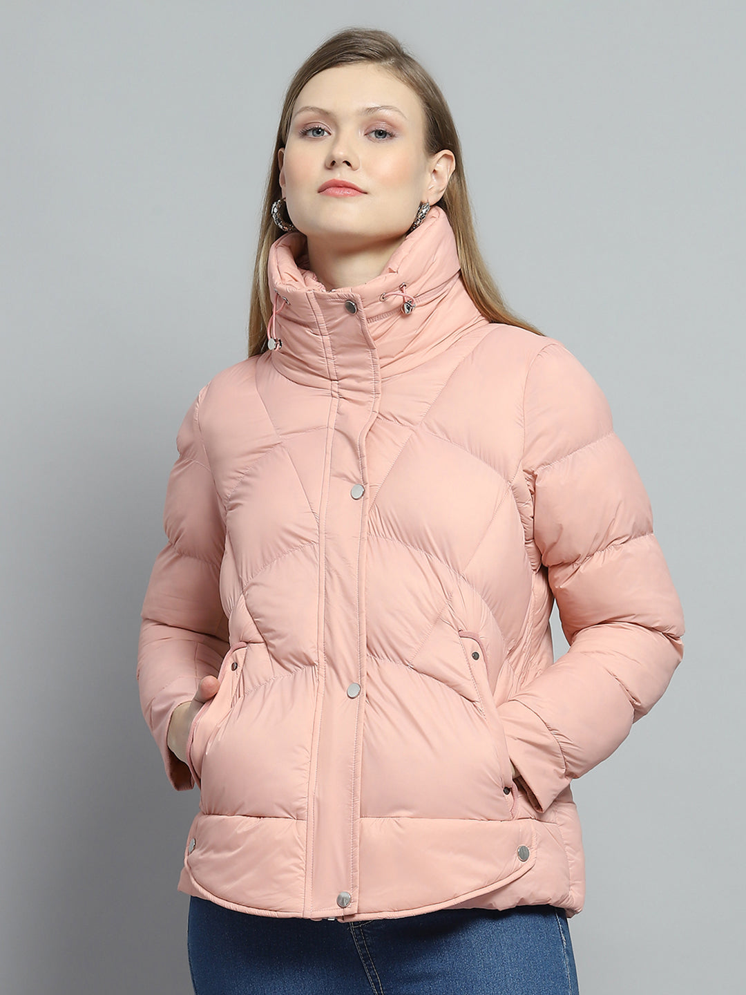 Women Peach Self Design High Neck Full Sleeve Jacket