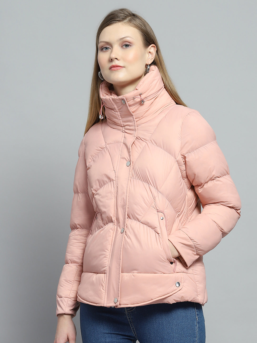 Women Peach Self Design High Neck Full Sleeve Jacket