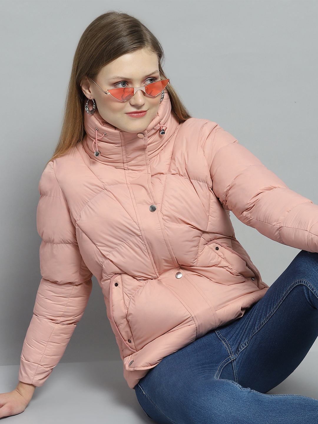 Women Peach Self Design High Neck Full Sleeve Jacket