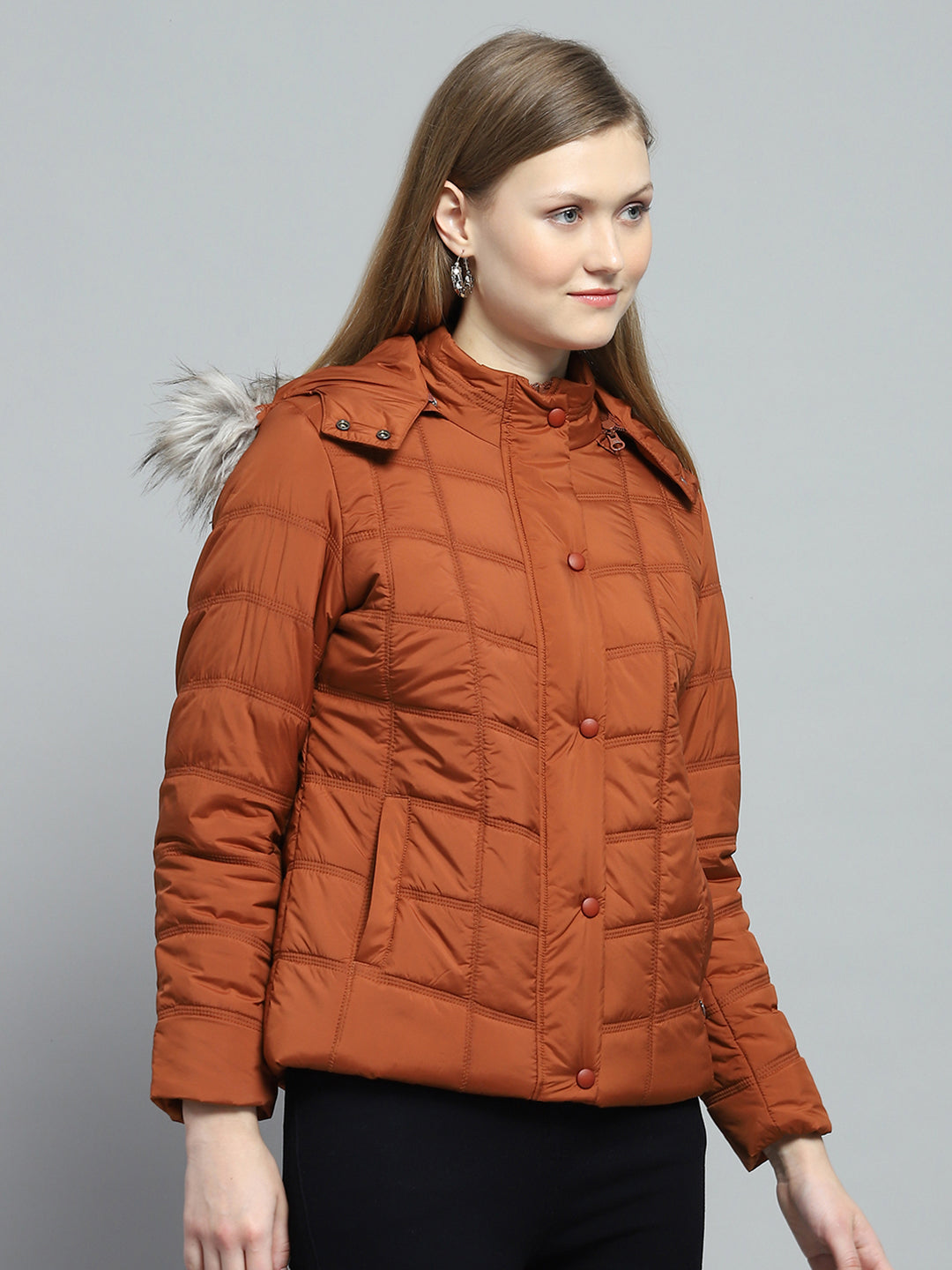 Women Rust Self Design Detachable Hood Full Sleeve Jacket