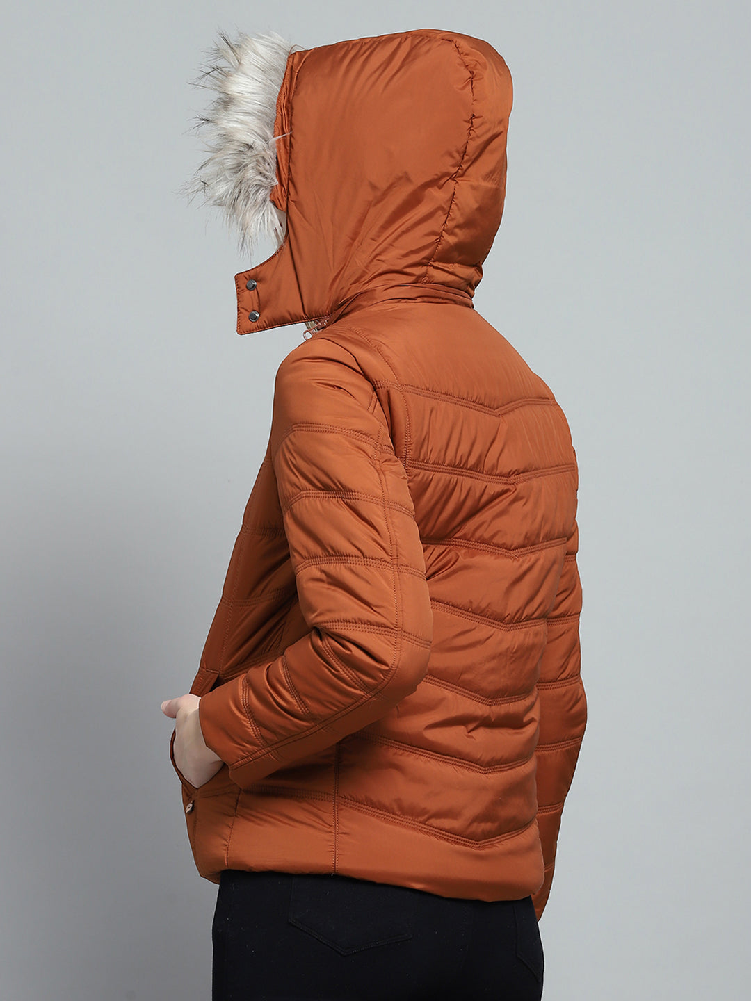 Women Rust Self Design Detachable Hood Full Sleeve Jacket