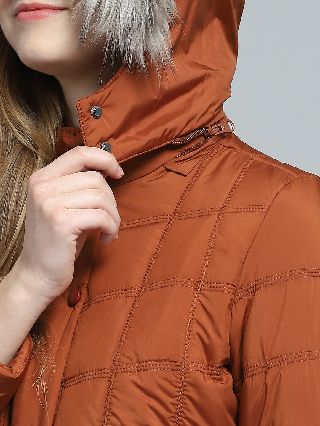 Women Rust Self Design Detachable Hood Full Sleeve Jacket