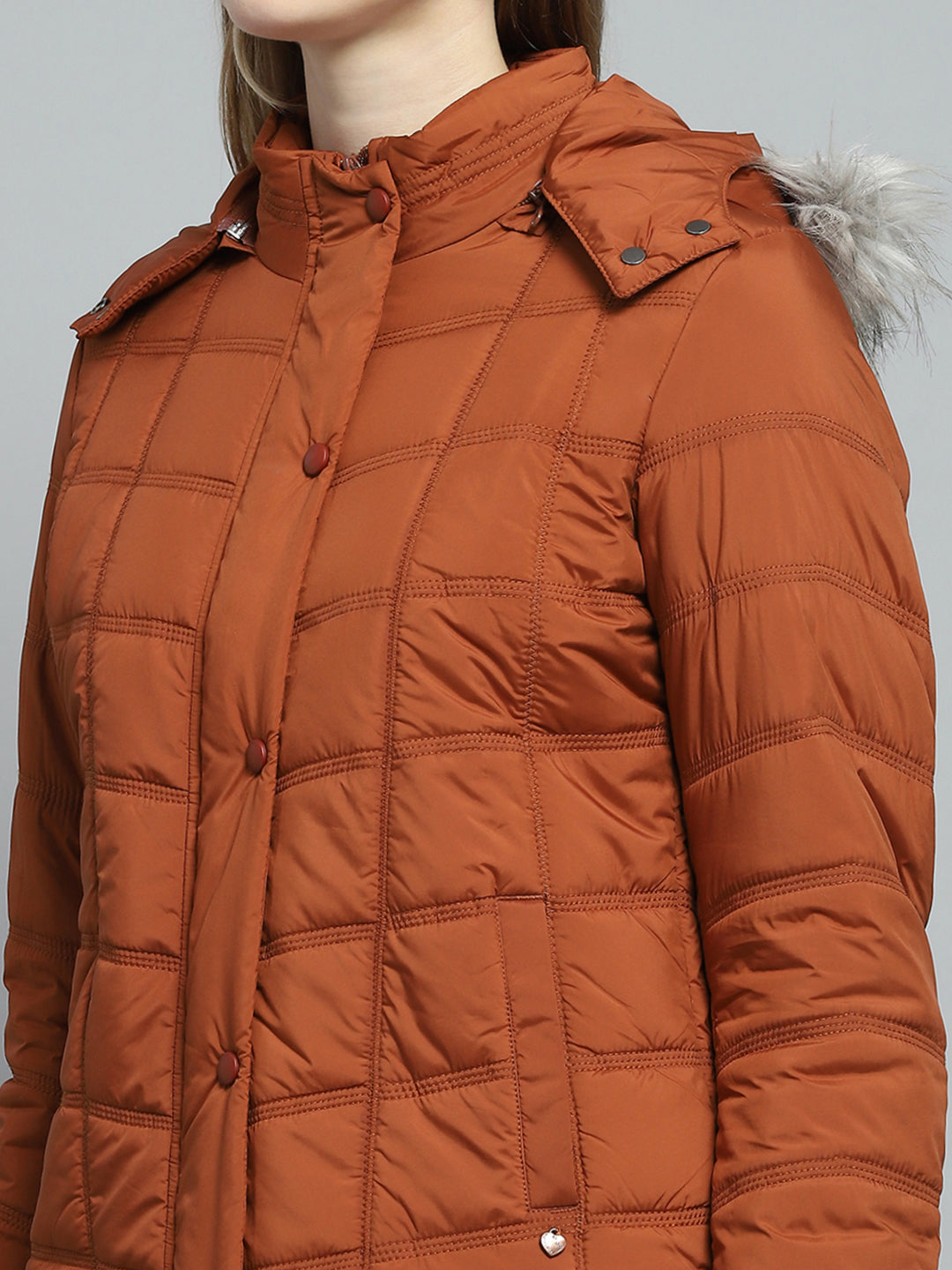 Women Rust Self Design Detachable Hood Full Sleeve Jacket