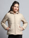Women Beige Self Design Hooded Full Sleeve Jacket