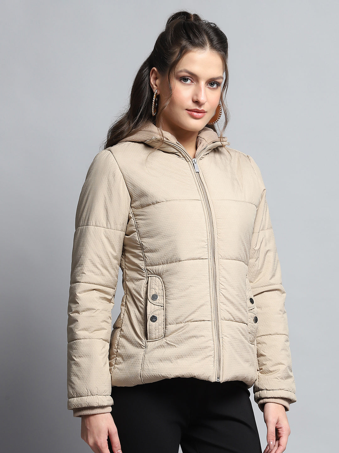 Women Beige Self Design Hooded Full Sleeve Jacket