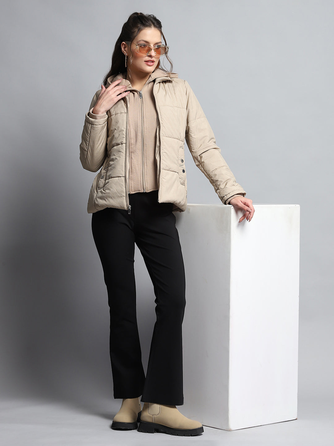 Women Beige Self Design Hooded Full Sleeve Jacket
