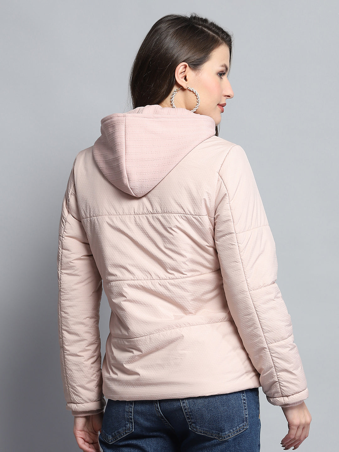 Women Pink Self Design Hooded Full Sleeve Jacket