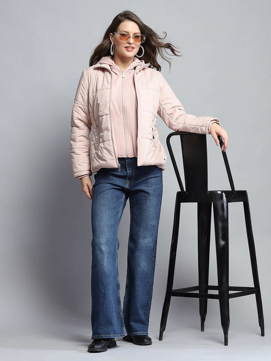 Women Pink Self Design Hooded Full Sleeve Jacket