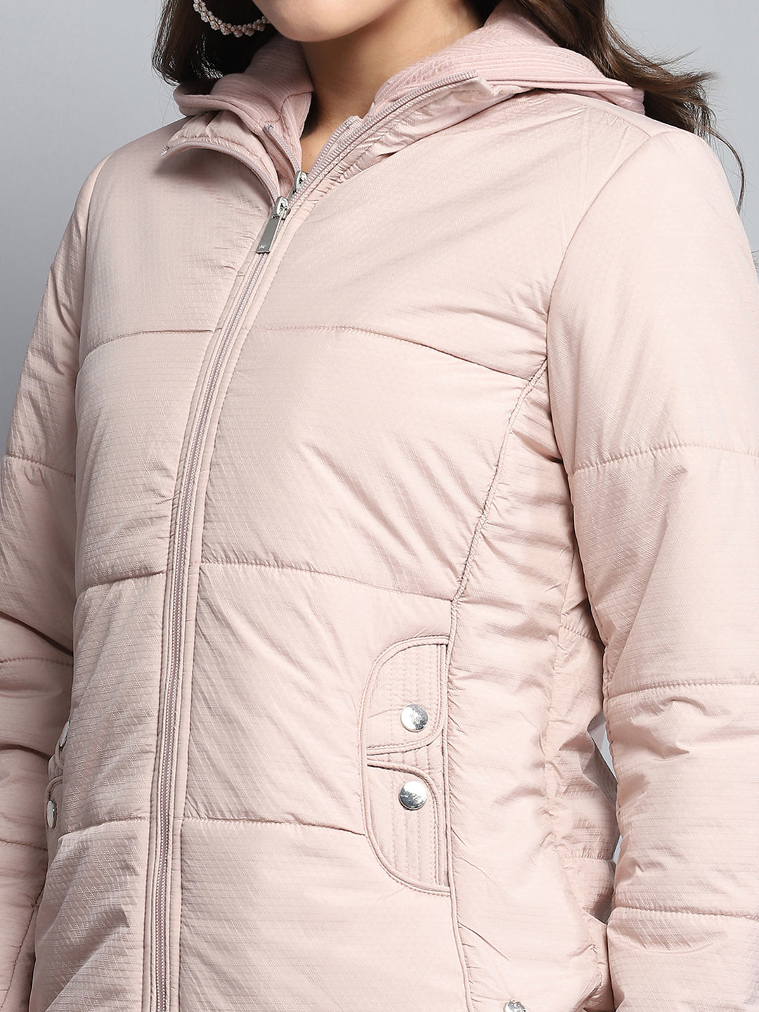 Women Pink Self Design Hooded Full Sleeve Jacket