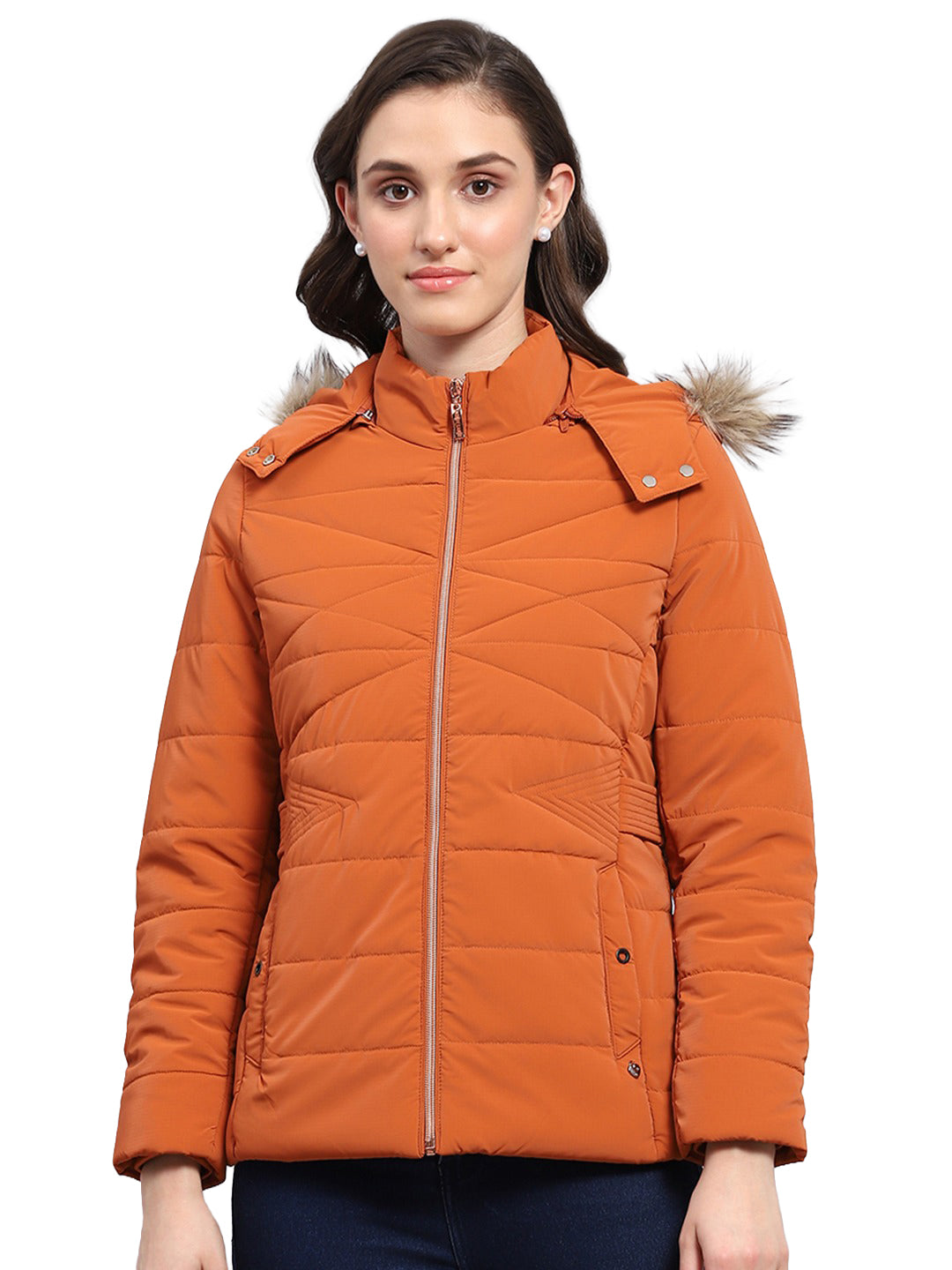 Women Orange Printed Hooded Full Sleeve Puffer Jacket