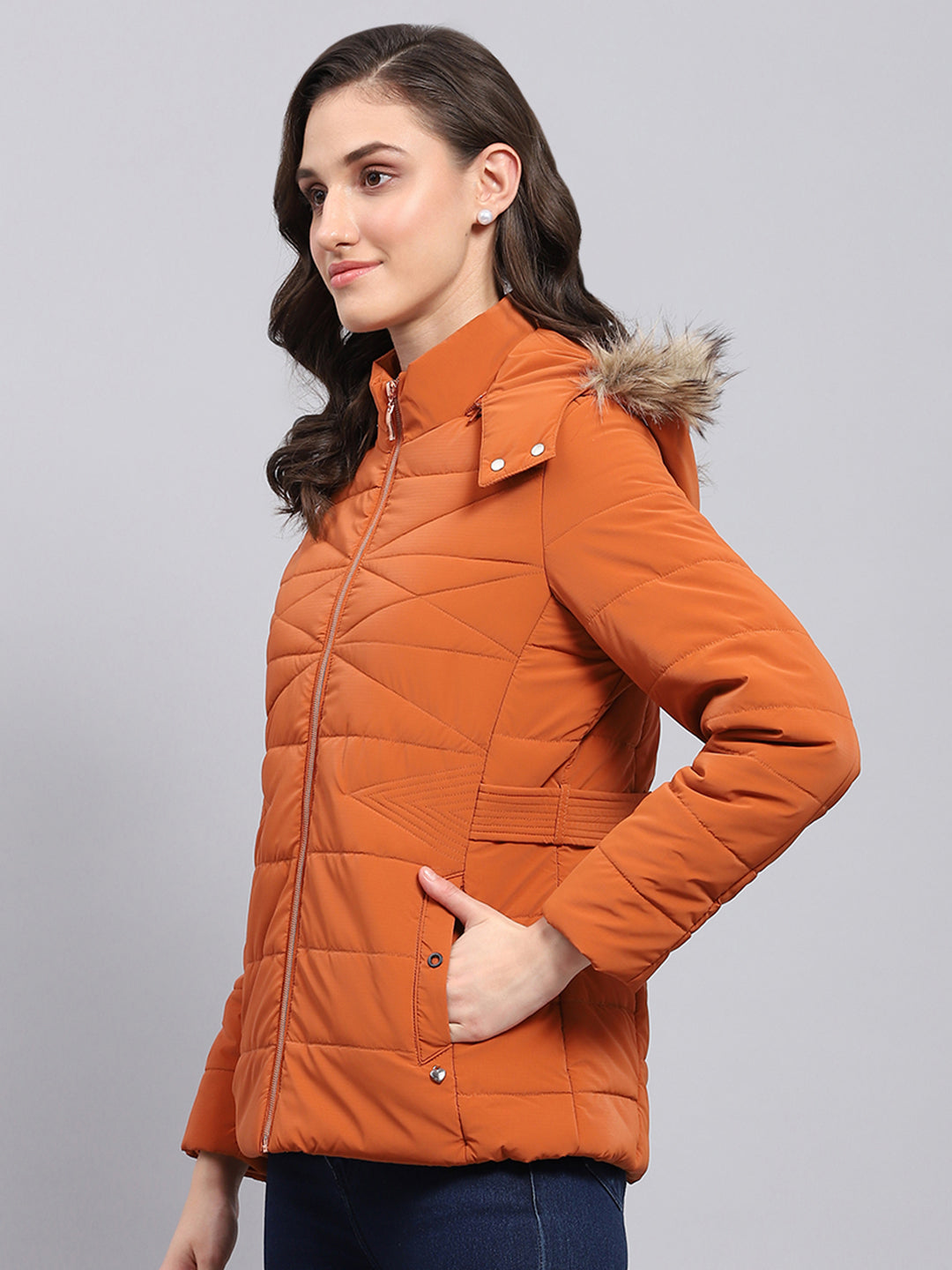 Women Orange Printed Hooded Full Sleeve Puffer Jacket