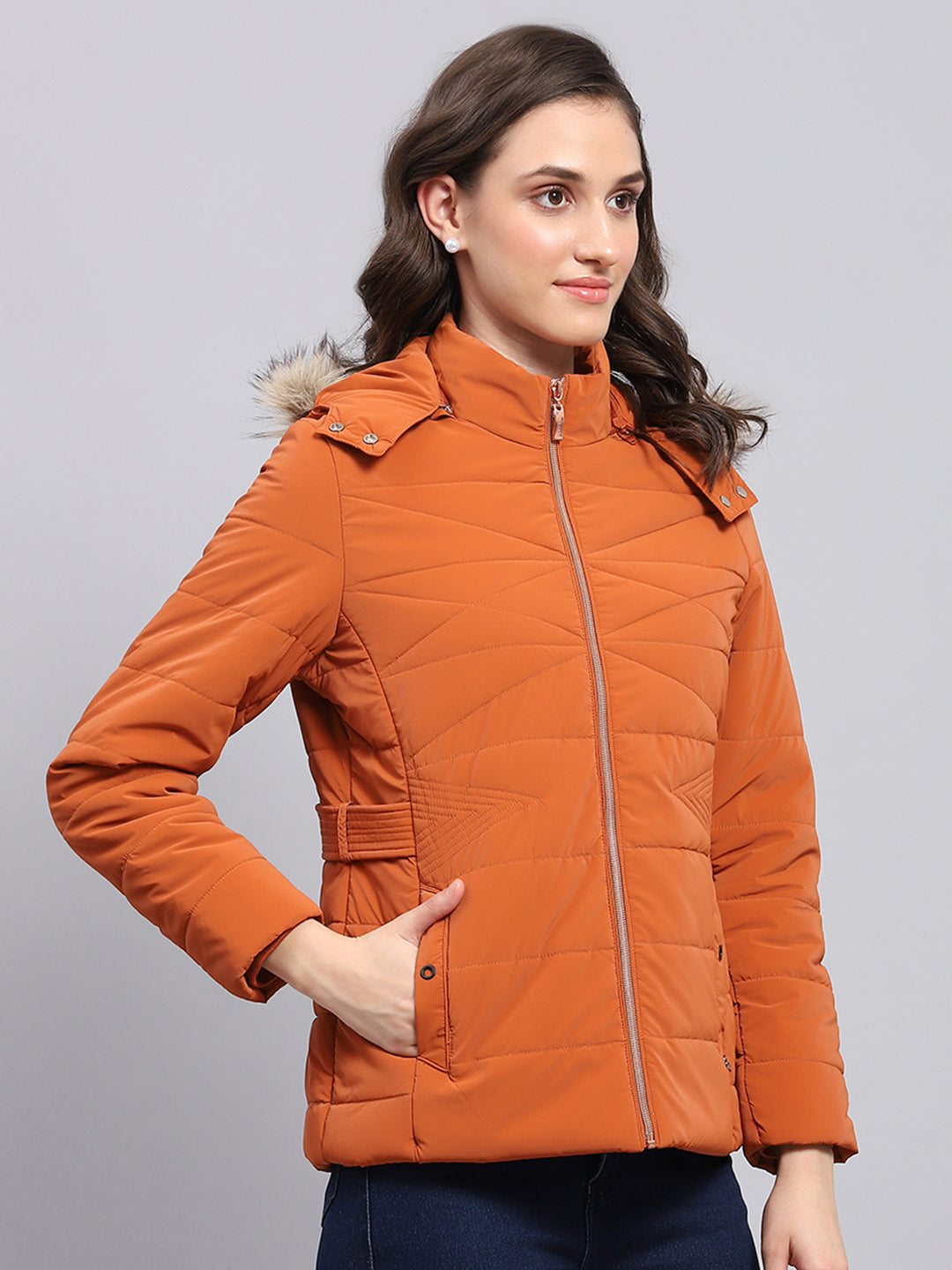 Women Orange Printed Hooded Full Sleeve Puffer Jacket