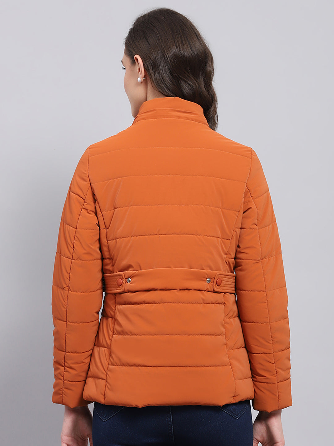 Women Orange Printed Hooded Full Sleeve Puffer Jacket