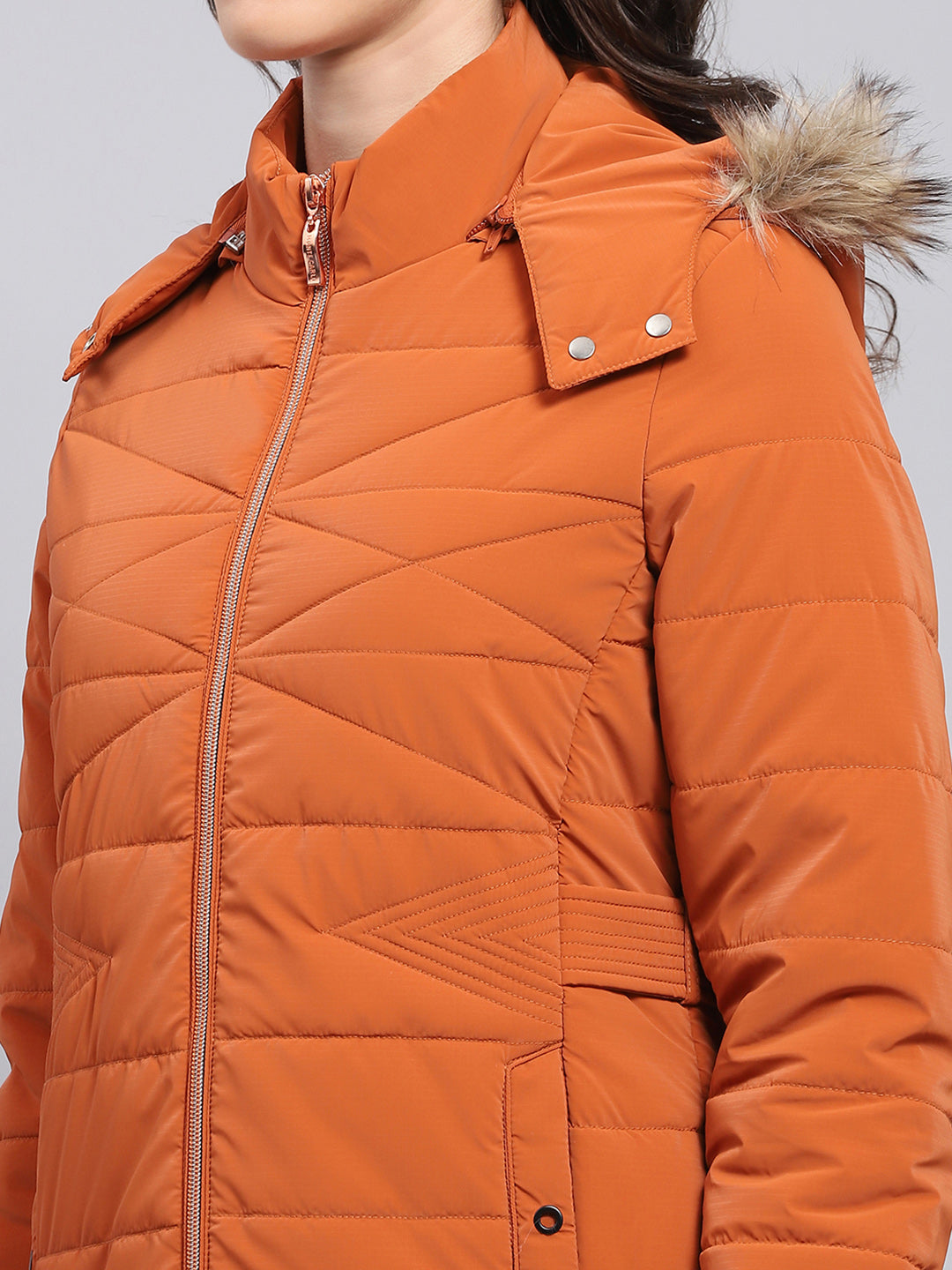 Women Orange Printed Hooded Full Sleeve Puffer Jacket