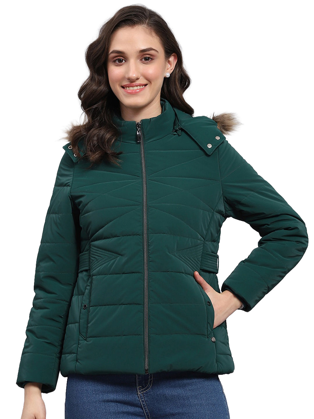 Women Green Printed Hooded Full Sleeve Puffer Jacket