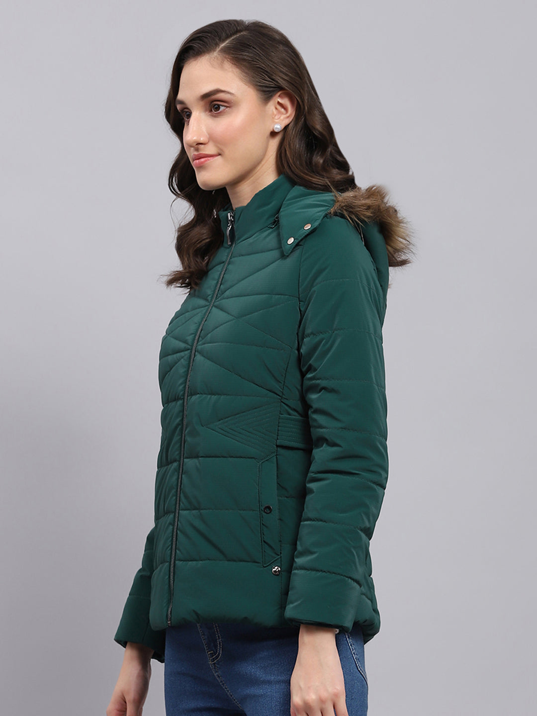 Women Green Printed Hooded Full Sleeve Puffer Jacket