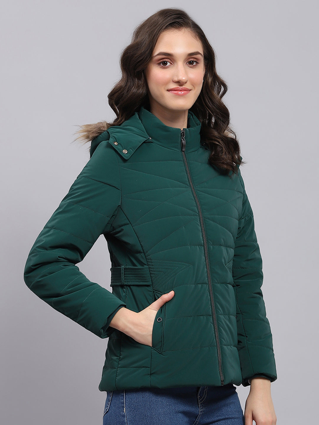 Women Green Printed Hooded Full Sleeve Puffer Jacket