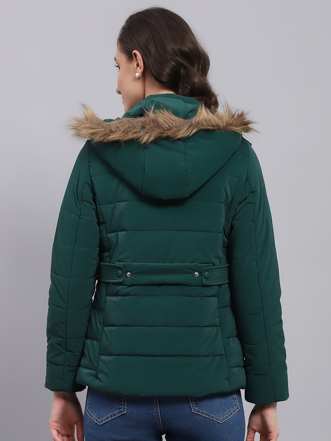 Women Green Printed Hooded Full Sleeve Puffer Jacket