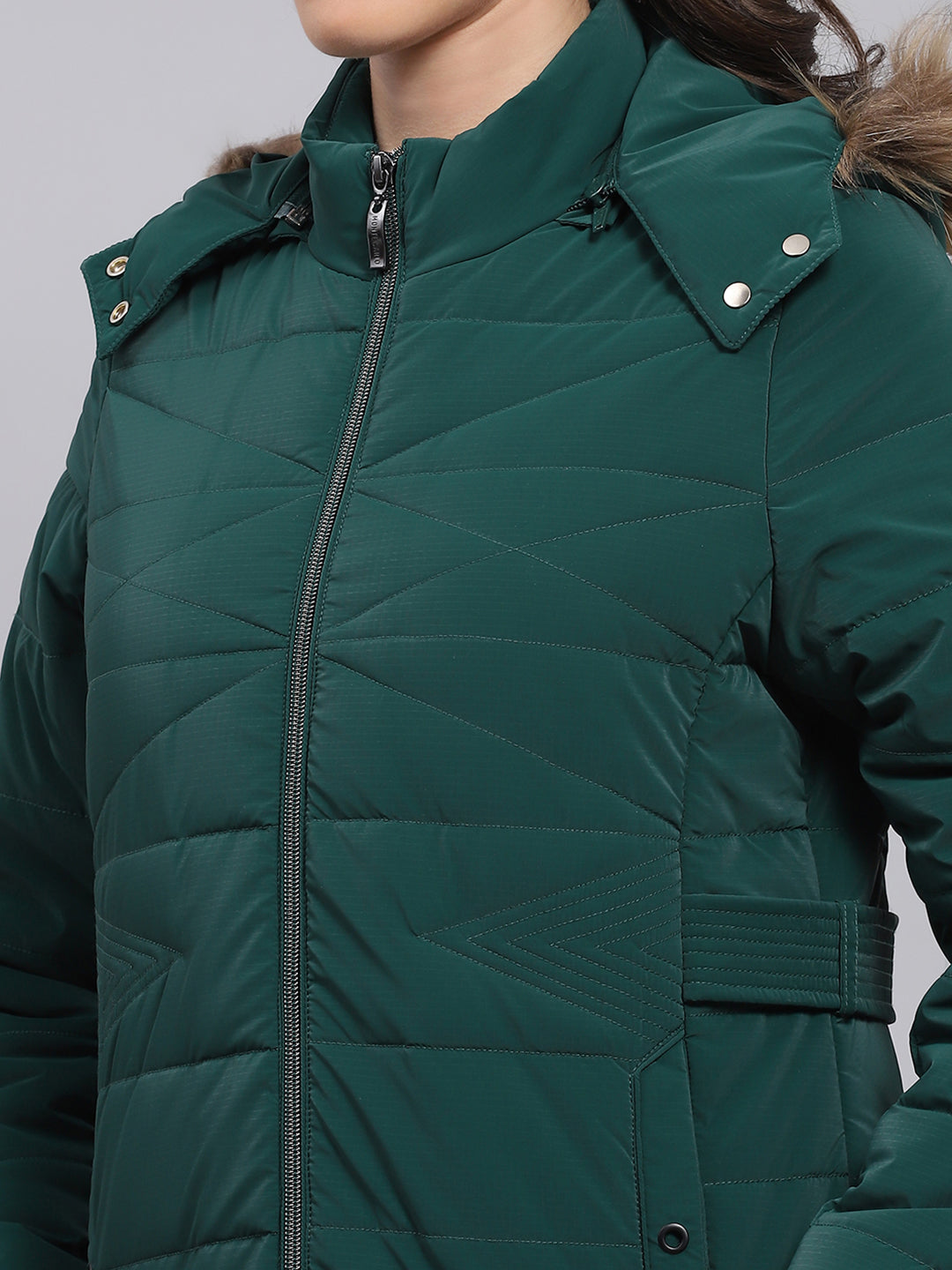 Women Green Printed Hooded Full Sleeve Puffer Jacket