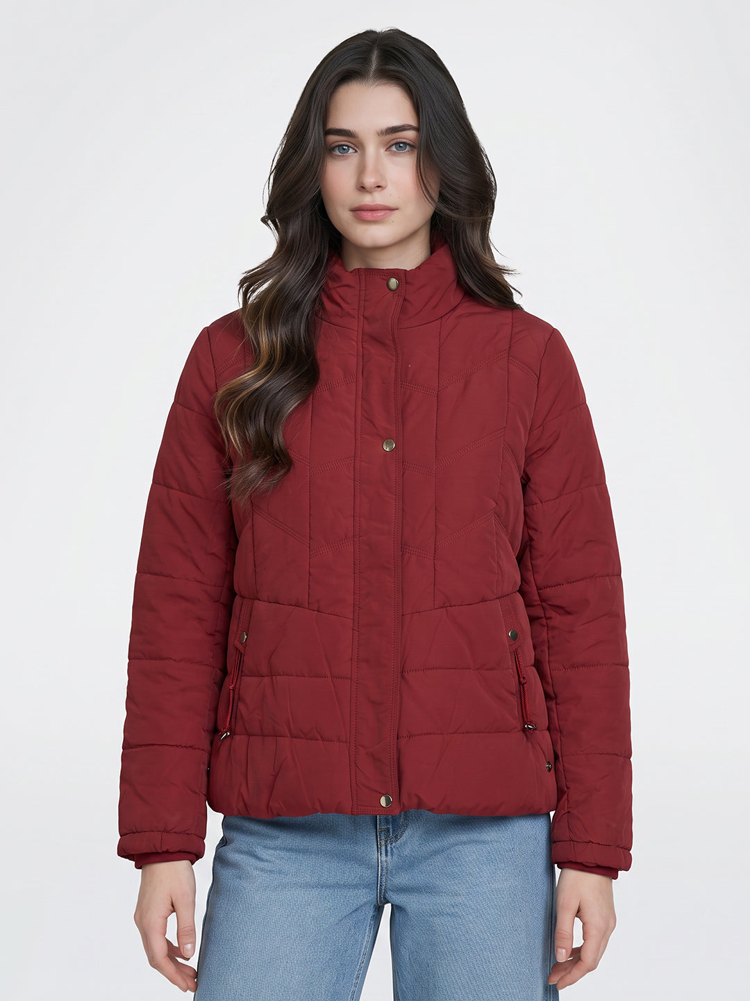 Women Maroon Solid Collar Full Sleeve Puffer Jacket