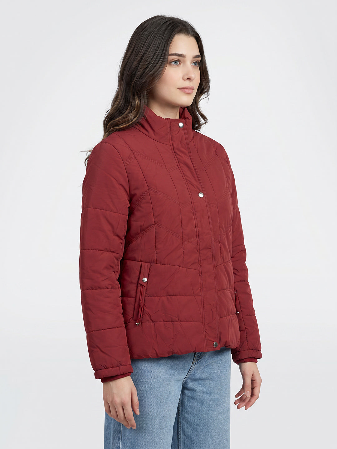 Women Maroon Solid Collar Full Sleeve Puffer Jacket