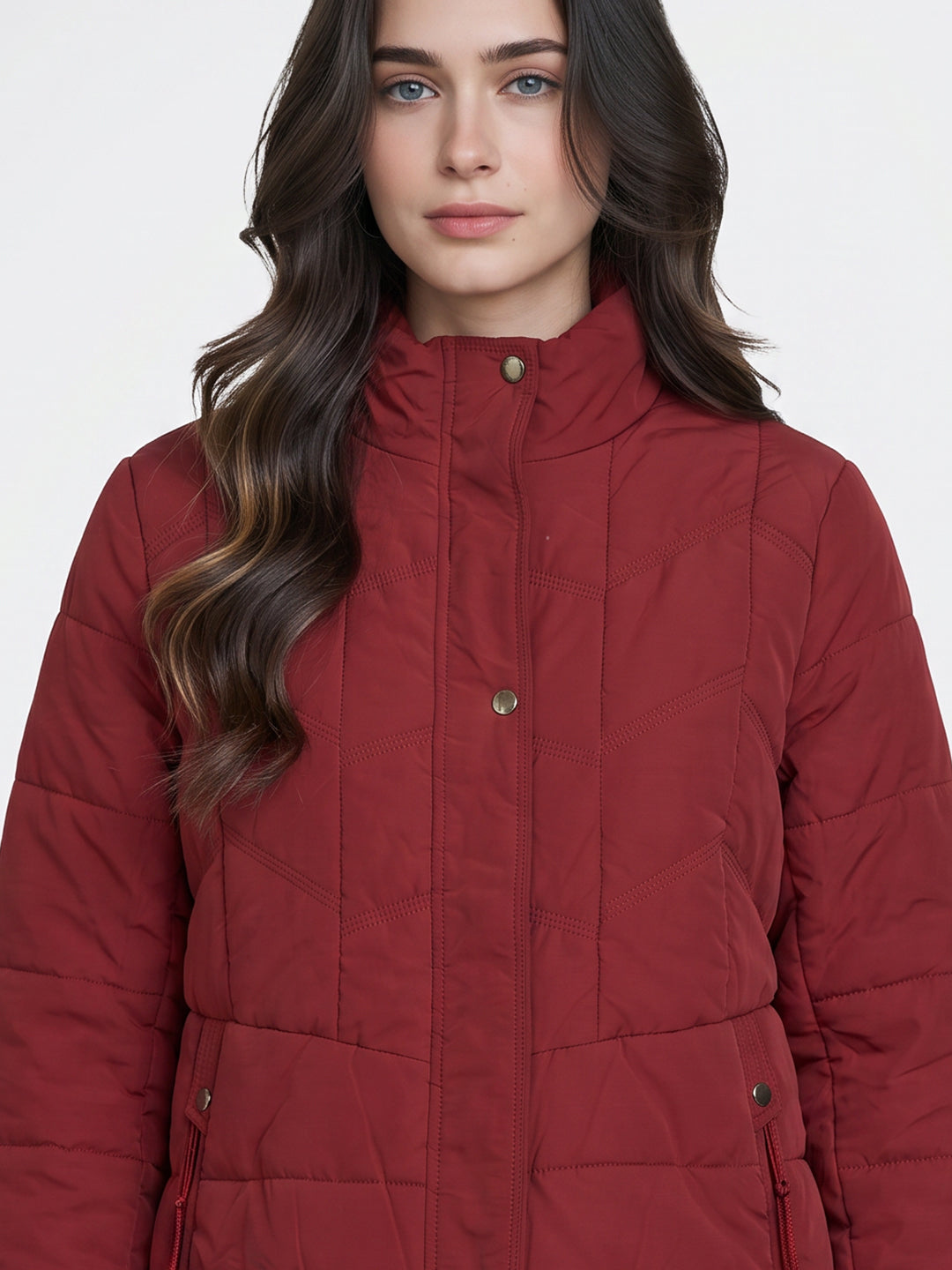 Women Maroon Solid Collar Full Sleeve Puffer Jacket