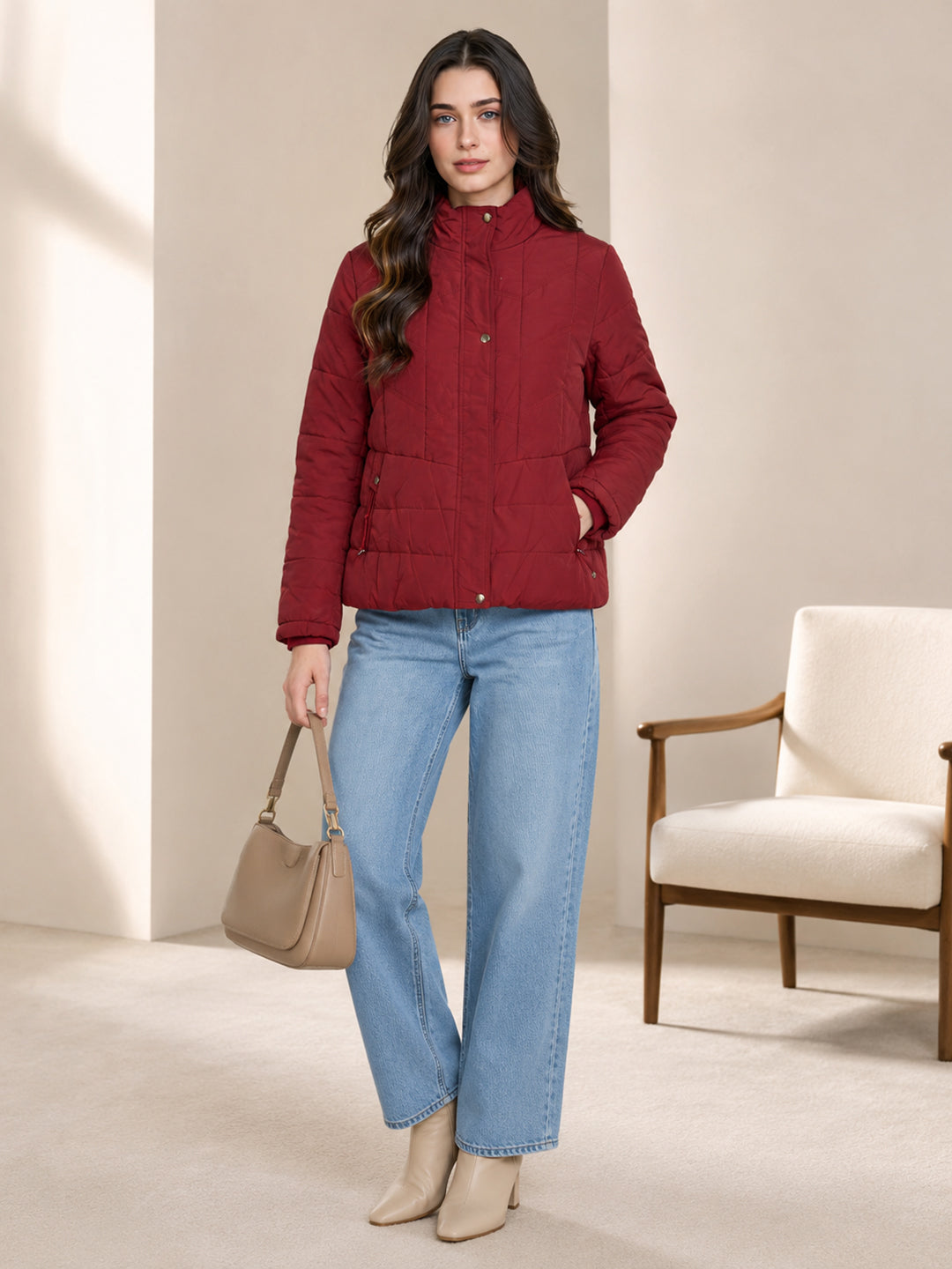 Women Maroon Solid Collar Full Sleeve Puffer Jacket