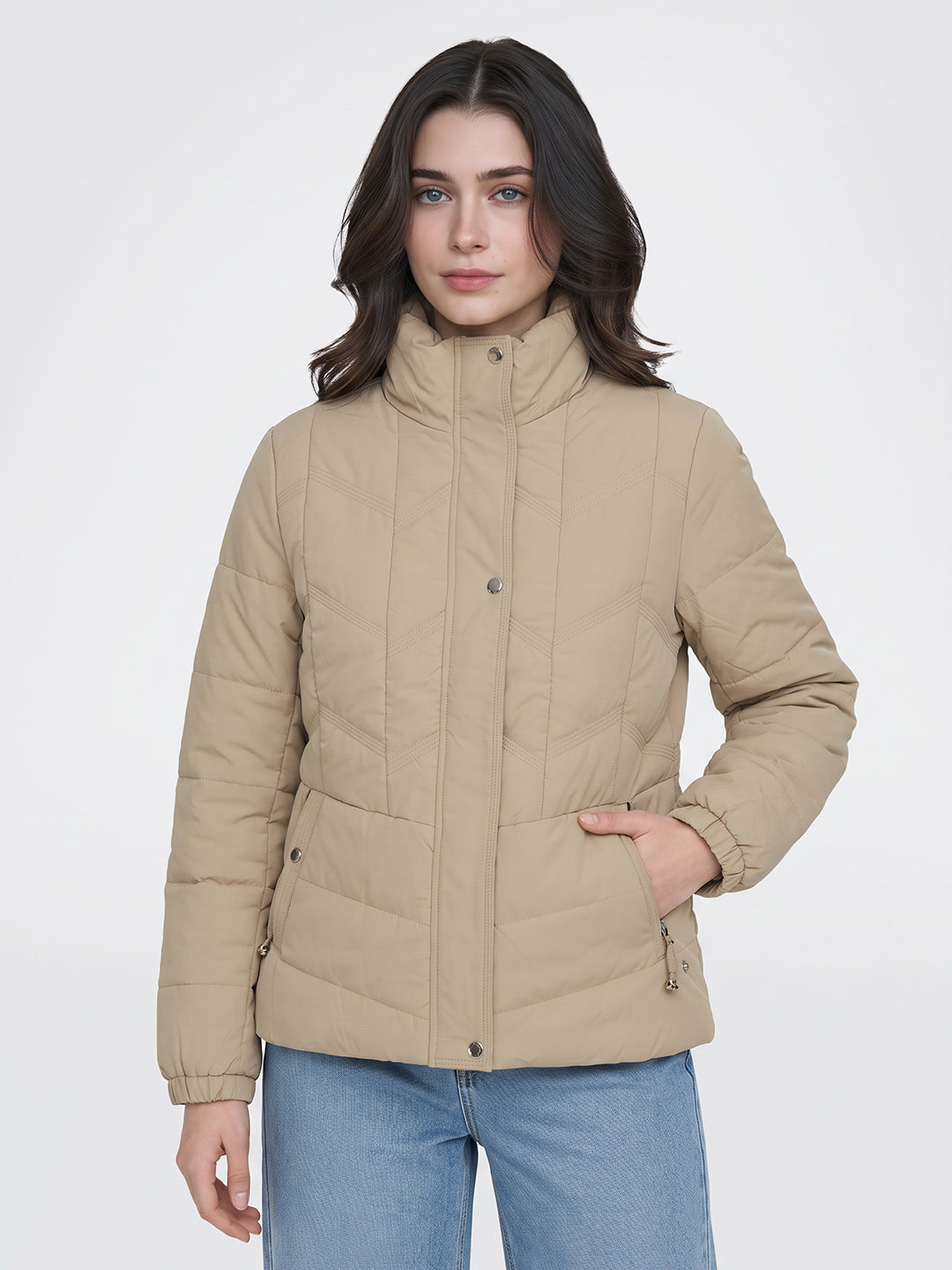 Women Beige Solid Collar Full Sleeve Puffer Jacket