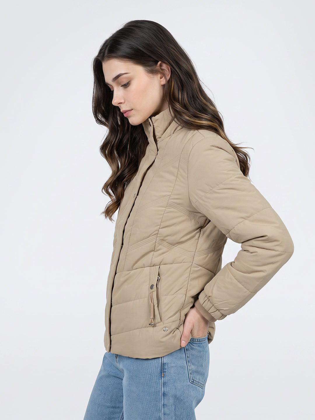 Women Beige Solid Collar Full Sleeve Puffer Jacket
