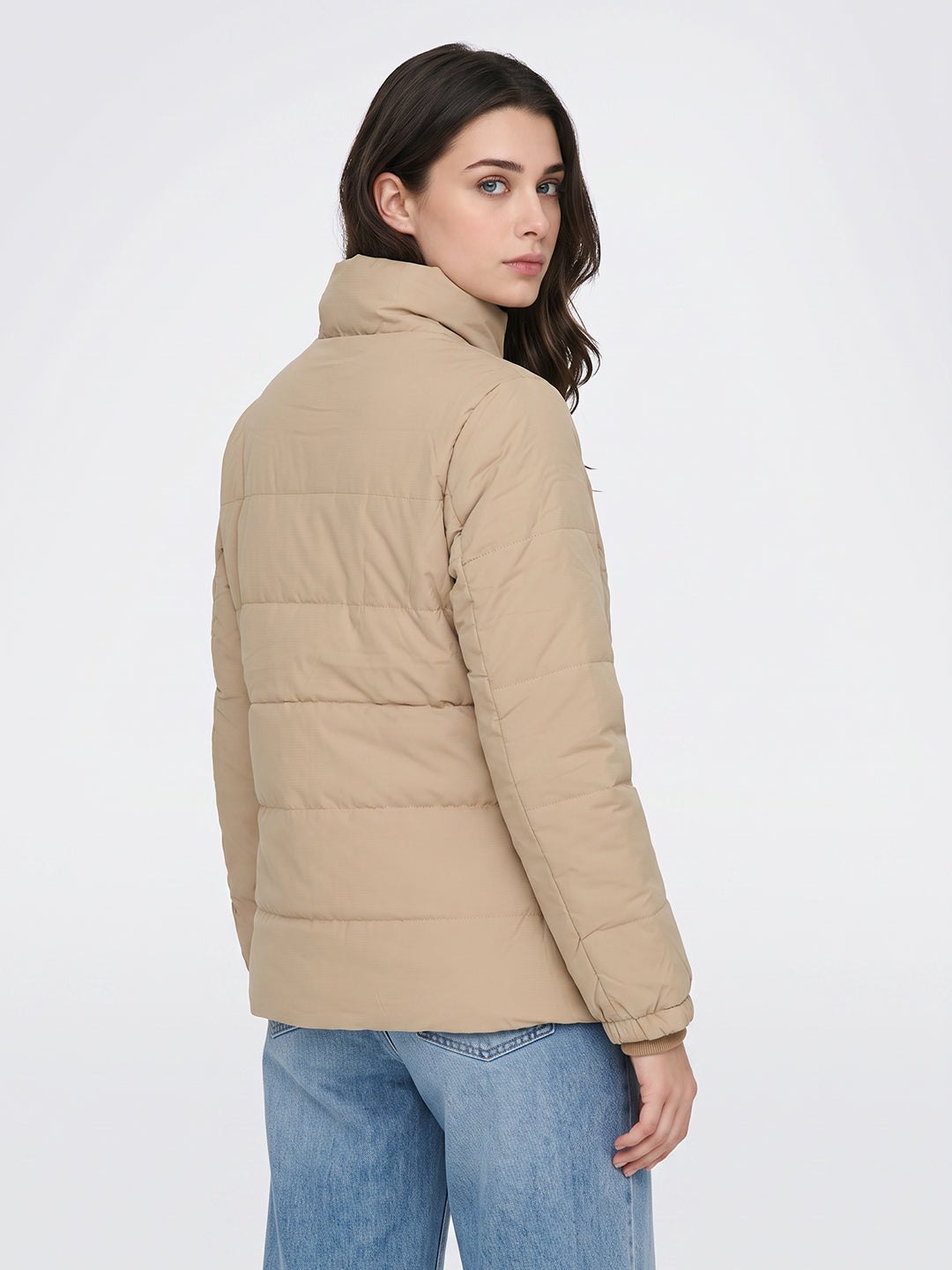 Women Beige Solid Collar Full Sleeve Puffer Jacket