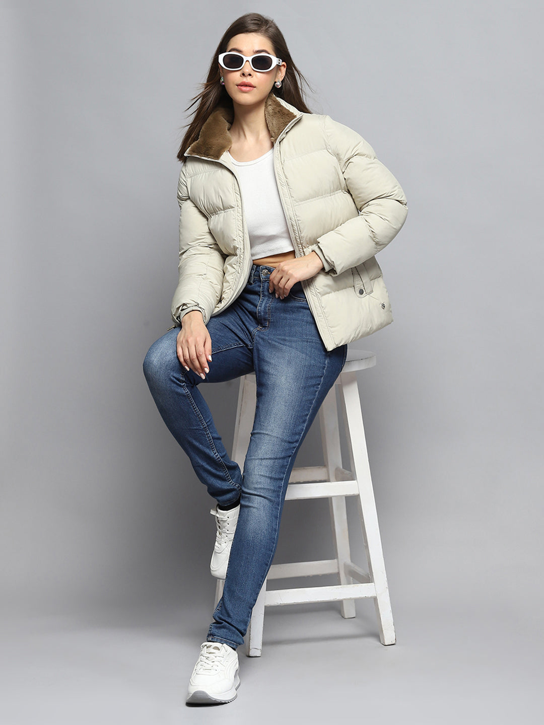 Women Cream Self Design Collar Full Sleeve Jacket