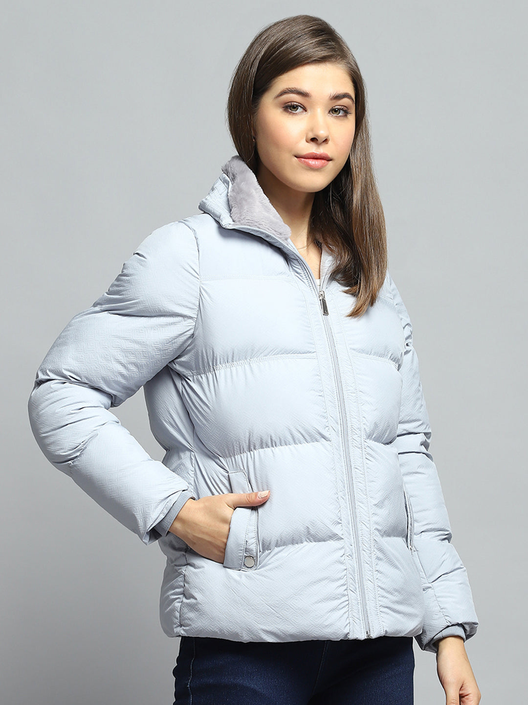 Women Grey Self Design Collar Full Sleeve Jacket