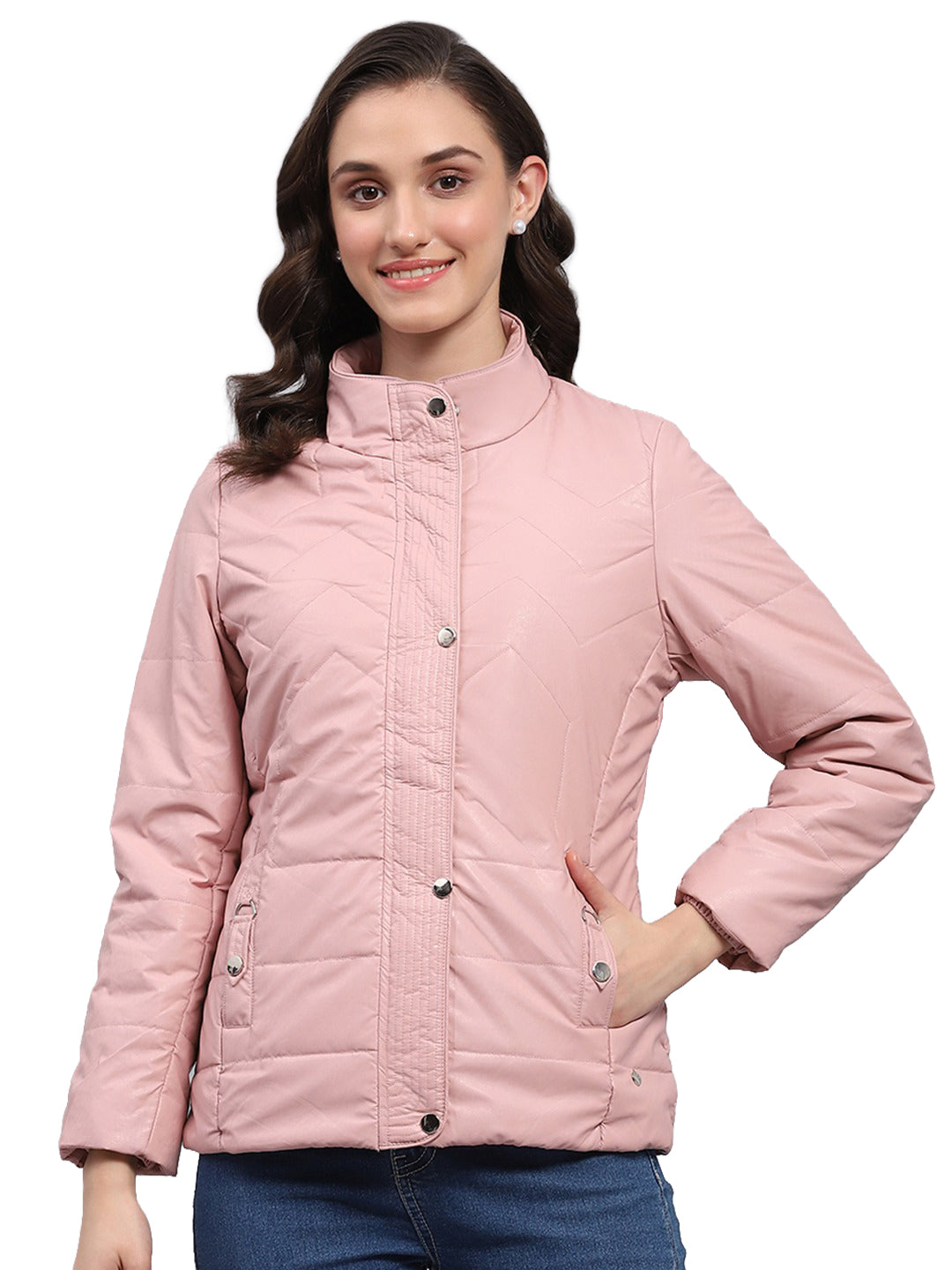 Women Pink Solid Collar Full Sleeve Puffer Jacket